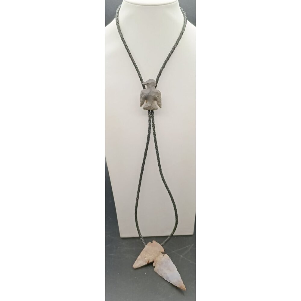 Handcrafted Native American Style Arrowhead Bolo Tie with Flint Eagle Stone Slid